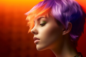 Fototapeta premium young woman with short color rainbow hair in violet and orange color with Generative AI