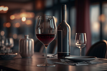 Restaurant background with wine glass and wine bottle on table. Closeup view of glass of wine restaurant interior serving dinner. Glass of red wine on red silk against black background.