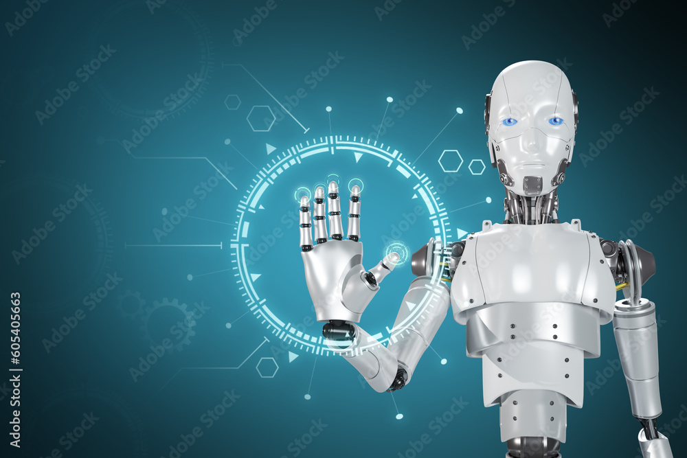Poster futuristic advanced humanoid robot controlling computer. technology related 3d render. robot hand to