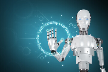 Futuristic advanced humanoid robot controlling computer. Technology related 3D Render. Robot hand touches Sci-Fi interface. 3D illustration