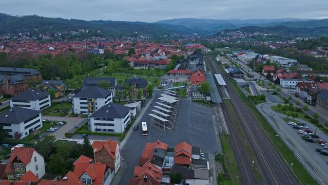 Drone shot of Wernigerode bus station ( ZOB station ) , Germany