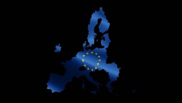 4K waving detailed textured flag of European Union animation on the map. Loop alpha channel seamless EU flag on territory. Outline geographic state border of European Flag Union stock video.