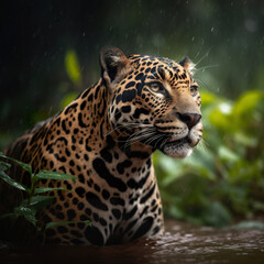 Male jaguar in the middle of the Amazonian jungle. Beautiful and endangered american jaguar in the nature habitat. View of wild jaguar in nature. Realistic 3D illustration. Generative AI