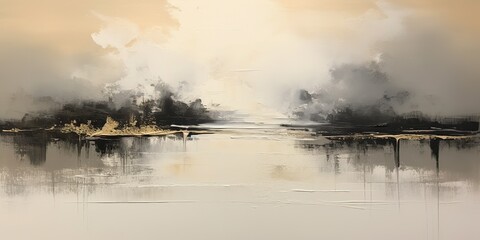 AI Generated. AI Generative. Illustration of oil drawing on canvas vintahe geometric illusion in minimal nature lake forest mountain style. Graphic Art