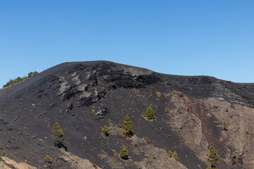 Volcano view, caldera. Trees growing inside. Cone in a volcanic environment.