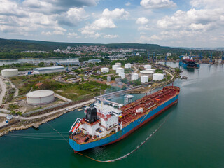 Aerial view of oil ship tanker and lpg ship at industrial port