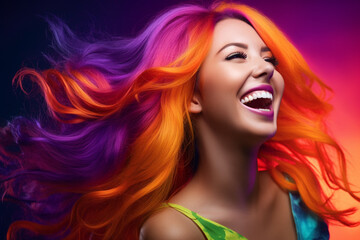 young woman with long hair in violet and orange color with Generative AI