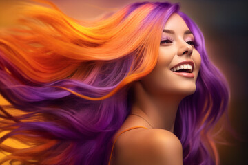 young woman with long hair in violet and orange color with Generative AI