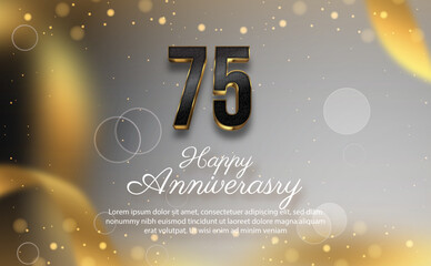 75th anniversary illustration background. with balloons, star particles, gold ribbon