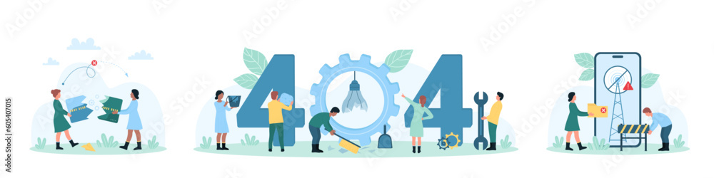 Poster maintenance support service vector illustration. cartoon tiny people work with 404 error, web page o