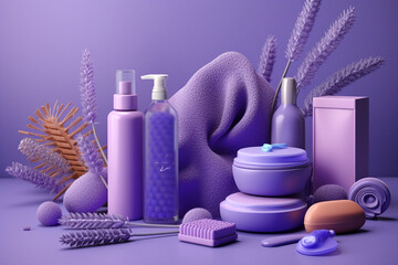 Obraz na płótnie Canvas spa products on lavender background in the style of realistic Generative AI