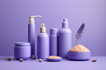 Fototapeta na wymiar spa products on lavender background in the style of realistic Generative AI