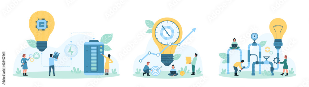 Aufkleber idea generation and development process set vector illustration. cartoon tiny people work with idea 