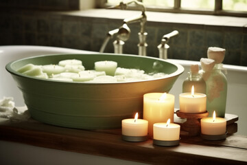 Fototapeta na wymiar a white tub with candles and body lotions Generative AI