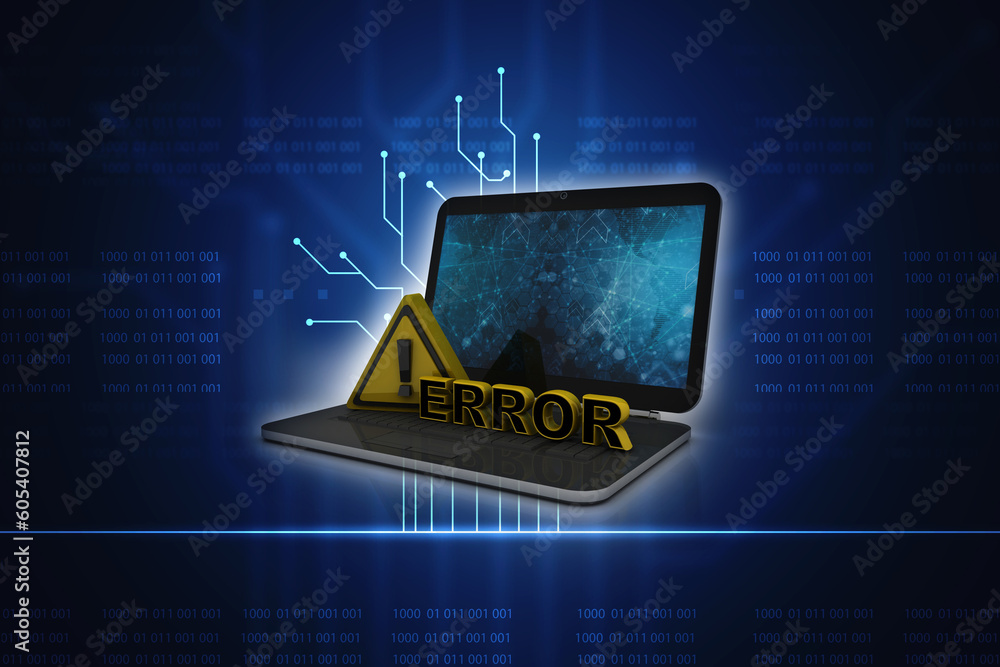 Poster 3d rendering exclamation sign with error in laptop