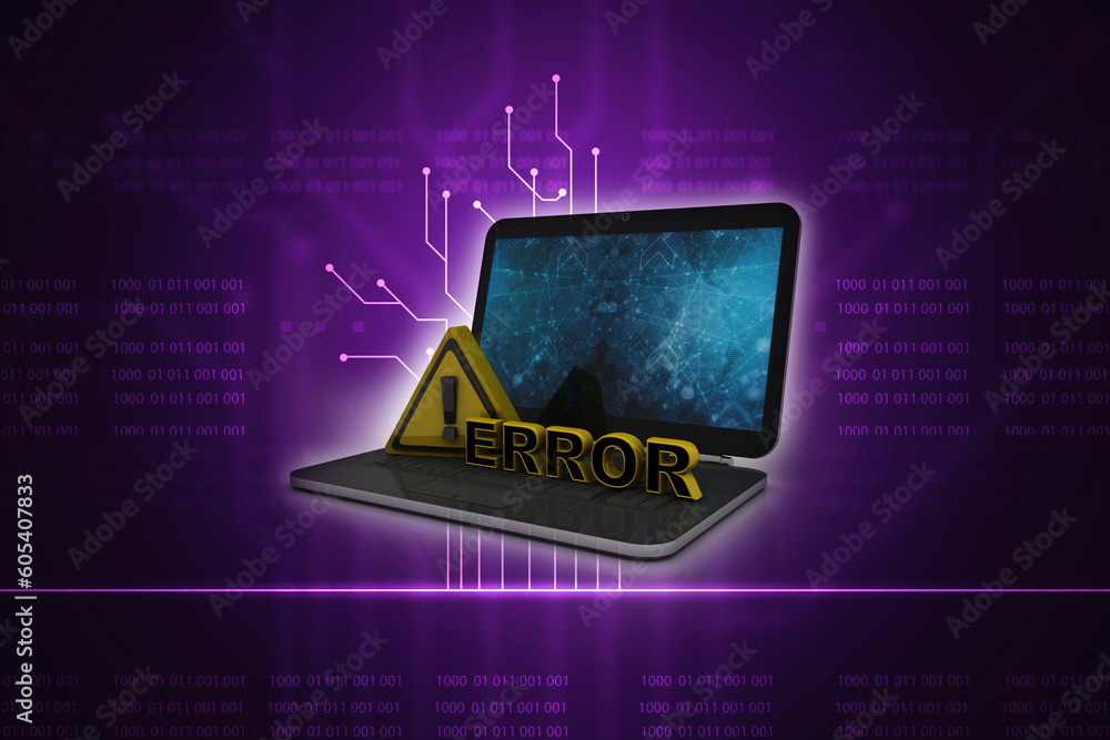 Poster 3d rendering exclamation sign with error in laptop