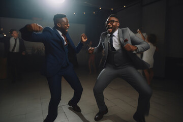 Two people in business suits dancing wildly at a party. Generative AI