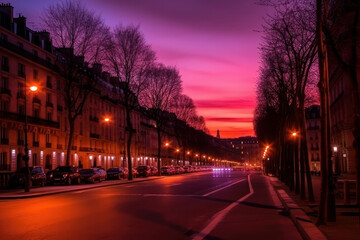 sunset on the streets. Tower on the pink sky of France. tender landscape. ai, ai generative