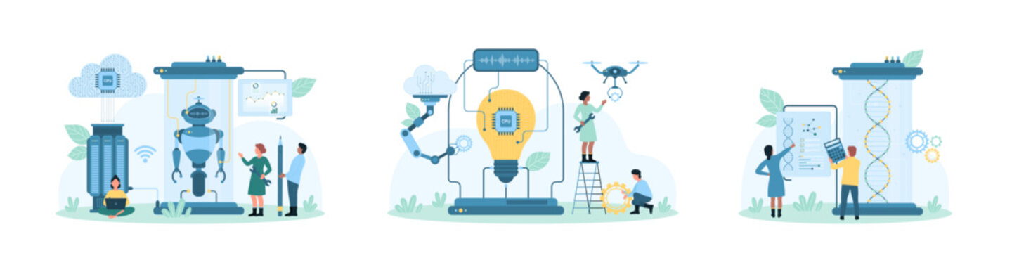 Science technology of future set vector illustration. Cartoon tiny people build and repair robot in futuristic laboratory, engineers research DNA spiral model, create light bulb with robotic arm