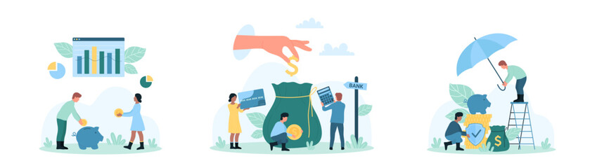 Financial savings set vector illustration. Cartoon tiny people save gold coins in piggy bank, protect wealth with umbrella and shield, hand giving cash money to bag, hold calculator and credit card