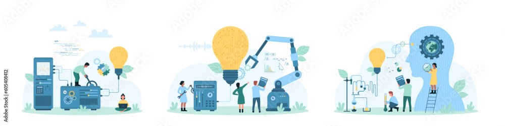 Poster technology innovation set vector illustration. cartoon tiny people building bright light bulb with c