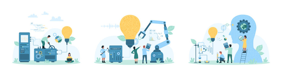 Technology innovation set vector illustration. Cartoon tiny people building bright light bulb with circuits inside using robotic arm, working with laboratory equipment and digital brain connection