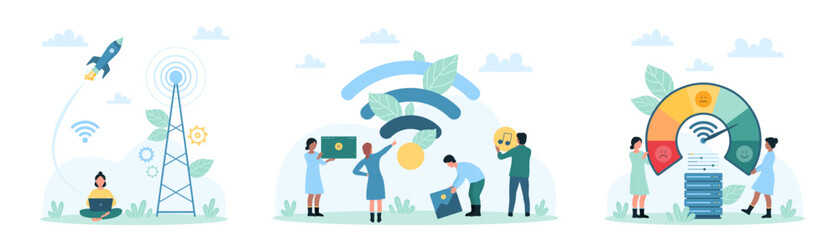 Wifi set vector illustration. Cartoon tiny people work with fast connection, wireless internet in free public hotspot zone, characters boost online data loading with level meter of speedometer