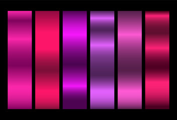 Pink metallic rose vector gradients, pink colorful palette and texture set. Iridescent Foil. Glitch Hologram. Pastel neon rainbow. Ultraviolet metallic paper.   Glossy pink background for ribbons.