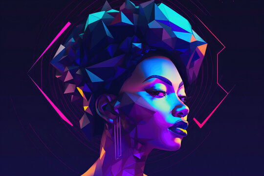 Geometric Portrait Of The Goddess Of Technology, Ebony Woman, Afrofuturism. Generative AI