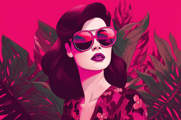 Fashion retro girl in the style with sunglasses and exotic leaves. Generative AI