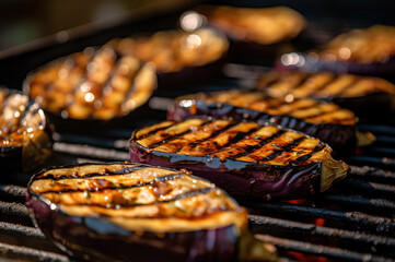 Close-up of grilled eggplant halves sizzling on the grill. Generative AI.