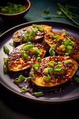 Miso Glazed Eggplant. Roasted slices topped with savory miso sauce, sesame seeds, and green onion. A delicious combination of flavors and textures. Generative AI.