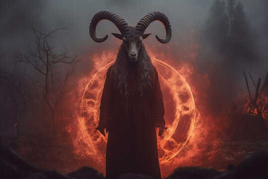 Grim reaper with horns in the forest. Halloween concept. Baphomet demon goat god. Lucifer, belzebu. Devil with horns. Red fire and smoke in hell.