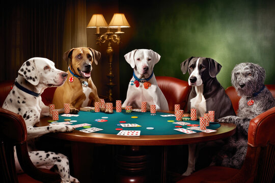 Different kinds of dogs playing poker at a round table. Generative AI