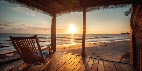 View of the sunset over the sea from the wooden veranda with an armchair, Generative AI