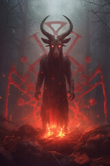 Portrait of a goat with horns on a background of red smoke. Baphomet demon goat god. Lucifer, belzebu. Devil with horns. Red fire and smoke in hell.