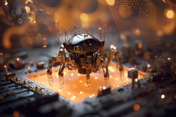 Fototapeta na wymiar A microscopic robot repairs the insides of a computer. Generative AI