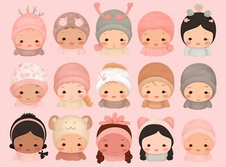 cute and minimal clip art illustrator baby , little boy , little girl in pink pastel color on plain background with high resolution.