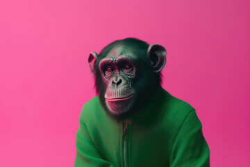 Chimpanzee on pink background. Generative AI