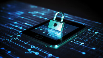 Cyber security and safety awareness of tablet and phone device, with internet network background and a rigid metal lock, virtual world