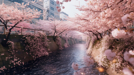A river with sakura pink flower, cherry blossom in Tokyo Japan, in spring