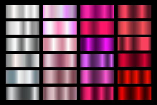 Pink metallic rose vector gradients, pink colorful palette and texture set. Iridescent Foil. Glitch Hologram. Pastel neon rainbow. Ultraviolet metallic paper.   Glossy pink background for ribbons.