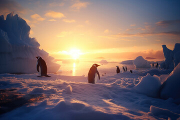Fototapeta premium Penguins in arctic landscape on sunrise. Generative AI