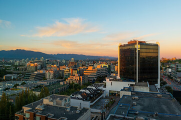 Vancouver city skyline at sunset, Vancouver, British Columbia, Canada.