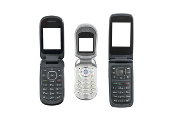 Three old flip cell phones isolated with cut out screens. - obrazy, fototapety, plakaty