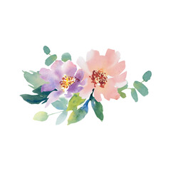 Fototapeta premium Watercolor flowers on an isolated background. Handmade work. Colorful illustration. Wedding. Apple blossom, peonies, roses, eucalyptus.