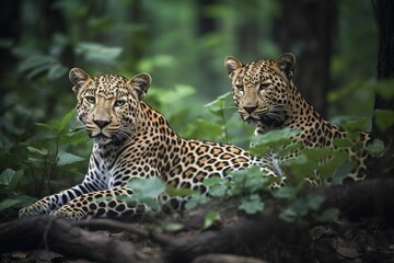 A pair of jaguars resting on a rocky outcropping, generate ai
