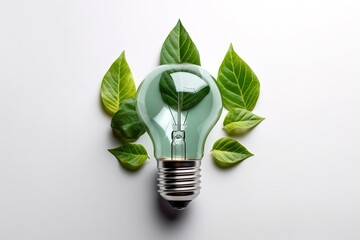 Eco-friendly lightbulb from fresh leaves top view, concept of Renewable Energy and Sustainable Living, created with Generative AI technology