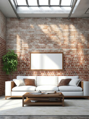 sofa takes center stage in a modern loft setting with an emphasis on functionality. The background showcases exposed brick walls with a white painted finish and polished concrete flooring