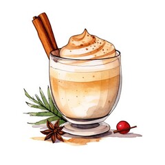 Egg Nog Cocktail isolated on white drawn with watercolor (generative AI)